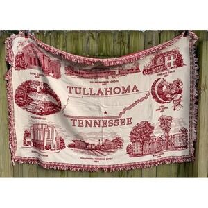 Vintage‎ Tullahoma Tennessee Landmarks Woven Fringed Tapestry Blanket Red/White